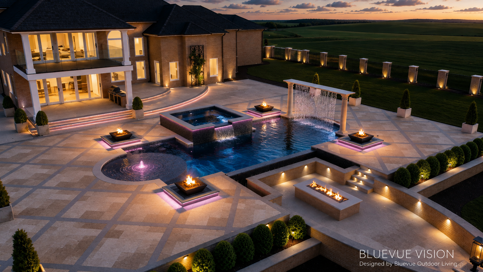 Bluevue Vision rendering of an estate terrace with spa, water wall, and fire bowls at dusk
