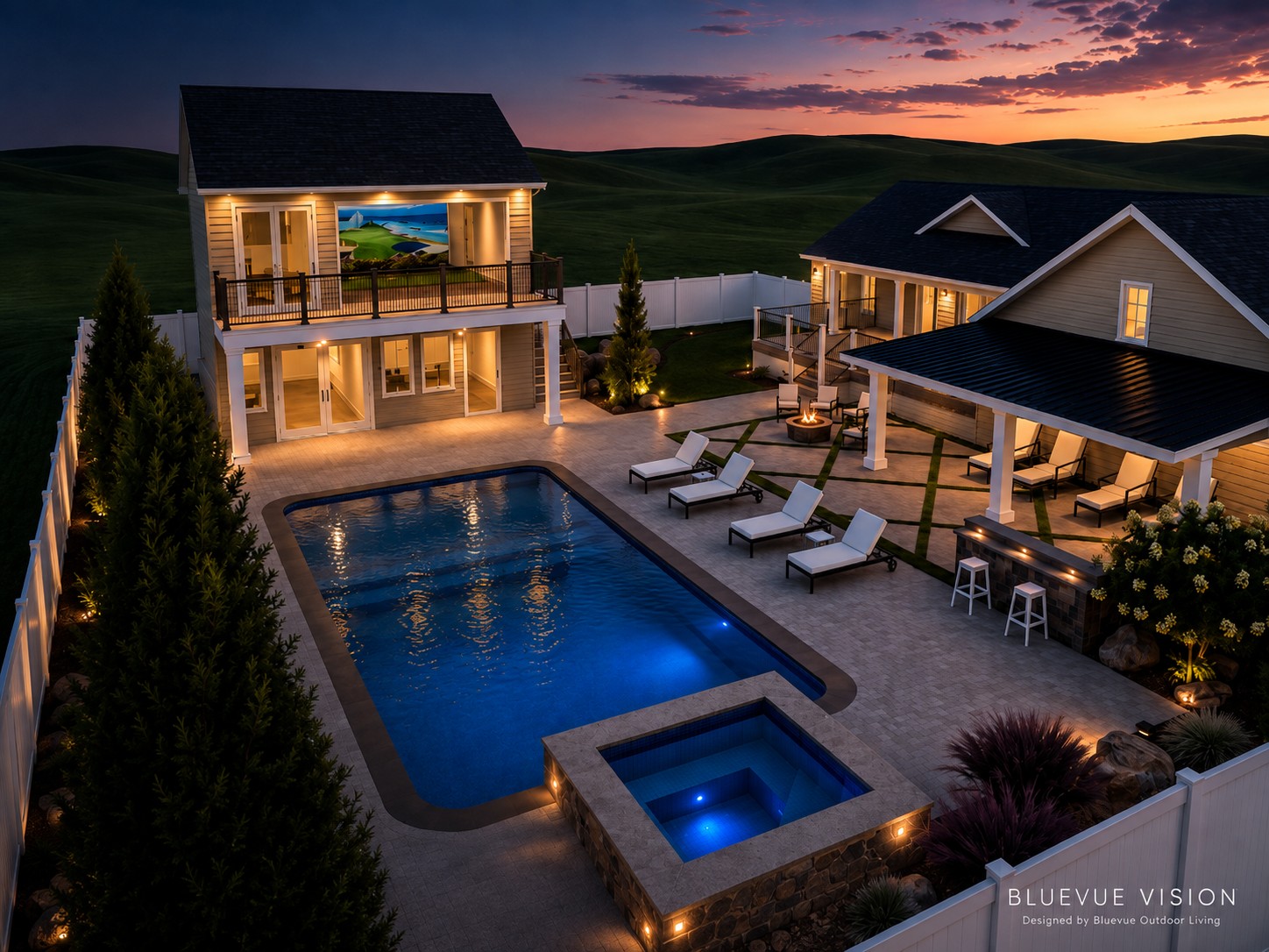 Bluevue Vision rendering of a pool, spa, and two-story guest house lit at twilight