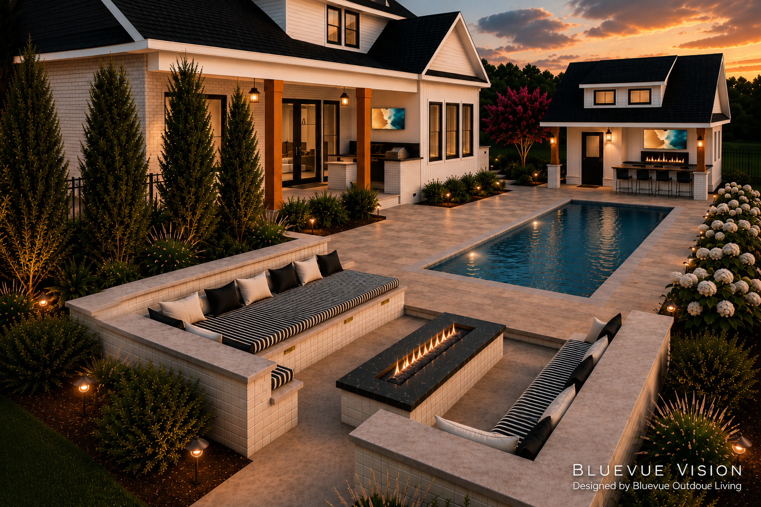 Bluevue Vision rendering of a refined outdoor living environment with clean architectural lines, custom pool, integrated fire feature, and detached entertainment pavilion at dusk