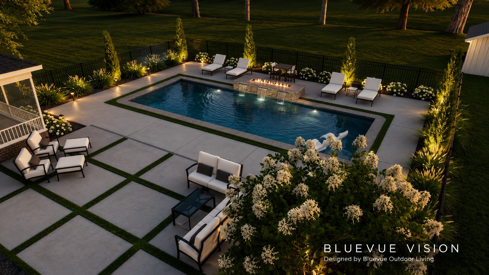Bluevue Vision rendering of a modern linear garden retreat with rectangular pool, integrated fire feature, lounge seating, and layered garden planting at dusk