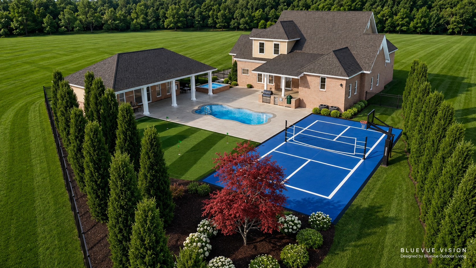 Bluevue Vision rendering of a backyard with pool, pavilion, putting green, and sport court