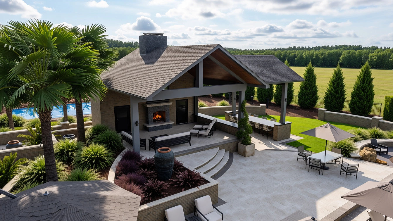 Bluevue Vision visualization of a luxury pavilion, pool, and outdoor living environment