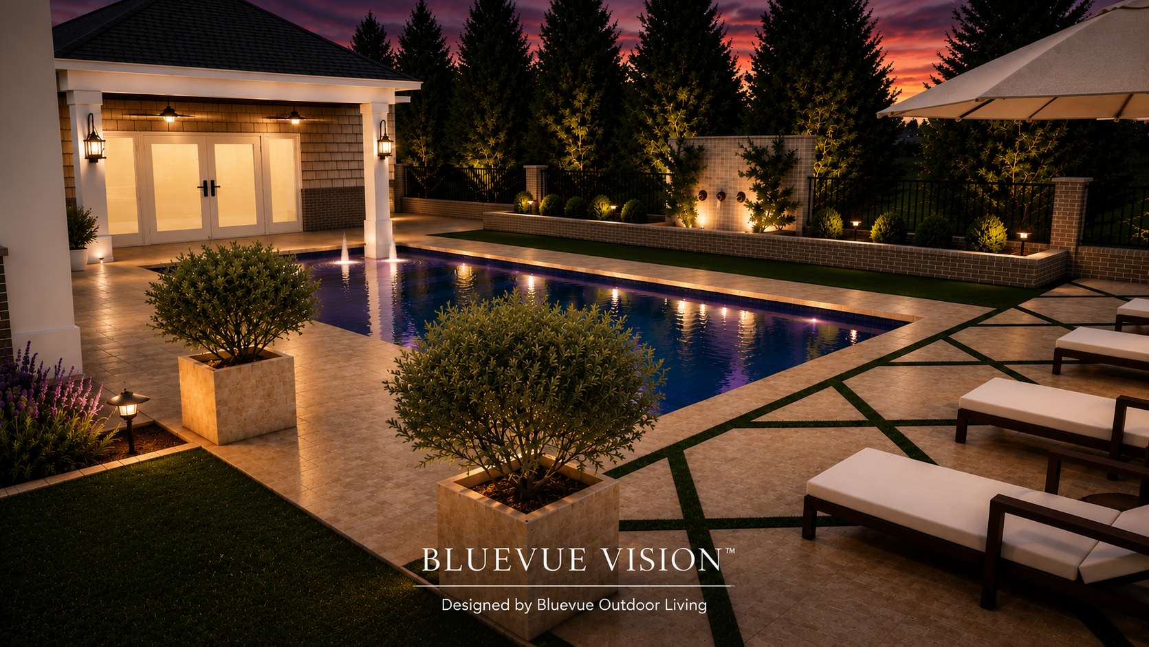 Photorealistic Bluevue Vision twilight rendering of a luxury pool, pavilion, and outdoor living space