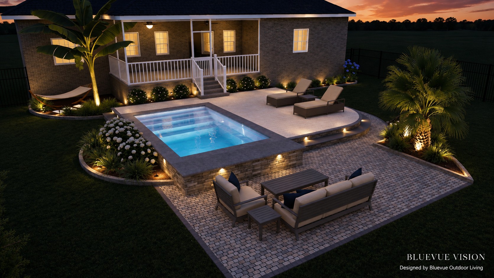 Bluevue Vision rendering of a small courtyard plunge pool with cobbled patio and lounge seating